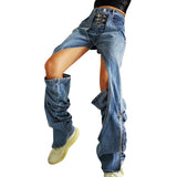 Elegant Hollow Out Women Denim Jeans High Waist casual Wide Leg Pants Fashion Clothes Summer