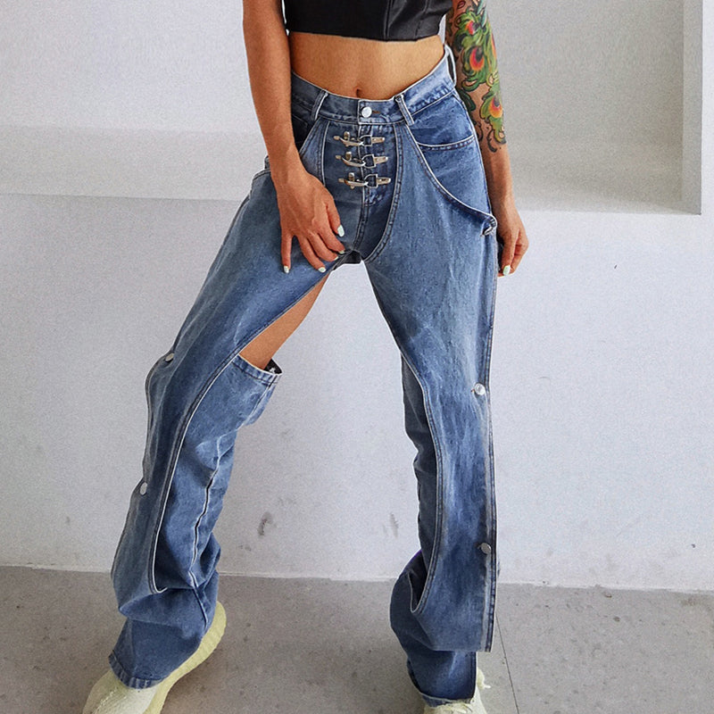 Elegant Hollow Out Women Denim Jeans High Waist casual Wide Leg Pants Fashion Clothes Summer