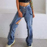 Elegant Hollow Out Women Denim Jeans High Waist casual Wide Leg Pants Fashion Clothes Summer