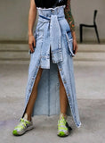 Women Denim Skirt High Waist Lace Up Pocket Irregular Midi Skirts 2020 Fashion Summer