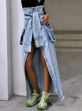 Women Denim Skirt High Waist Lace Up Pocket Irregular Midi Skirts 2020 Fashion Summer
