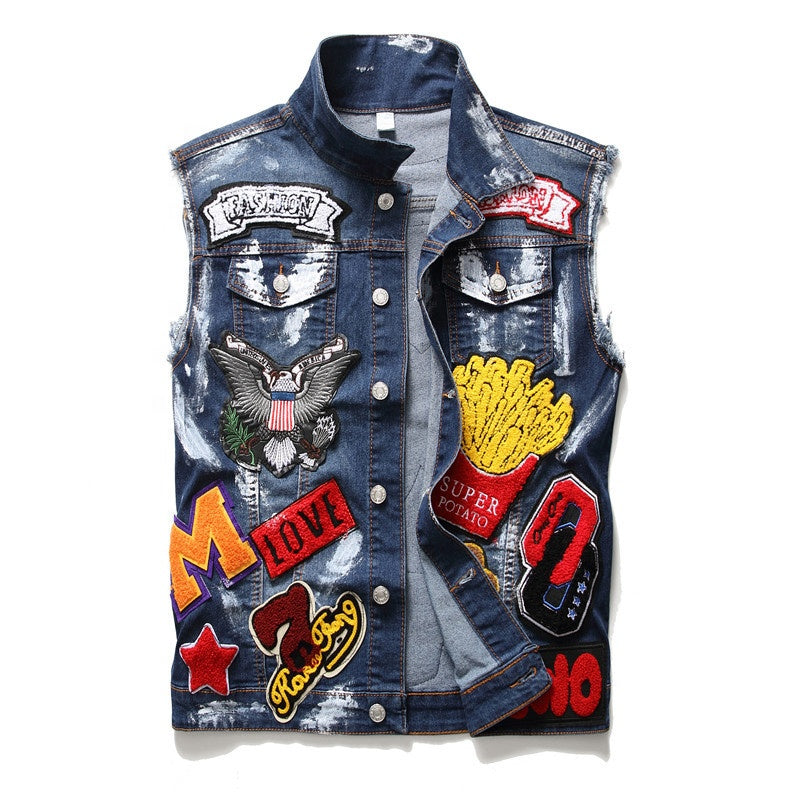 Men Sleeveless  Towel Embroider Cotton Denim Jacket Punk Gothic