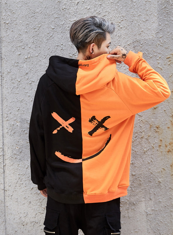 hip hop street custom smile print color stitching hoodie men's autumn clothes sports hoodie