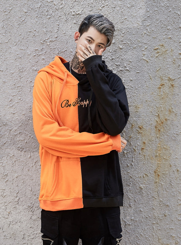 hip hop street custom smile print color stitching hoodie men's autumn clothes sports hoodie