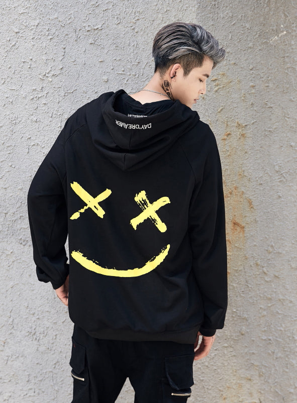 hip hop street custom smile print color stitching hoodie men's autumn clothes sports hoodie