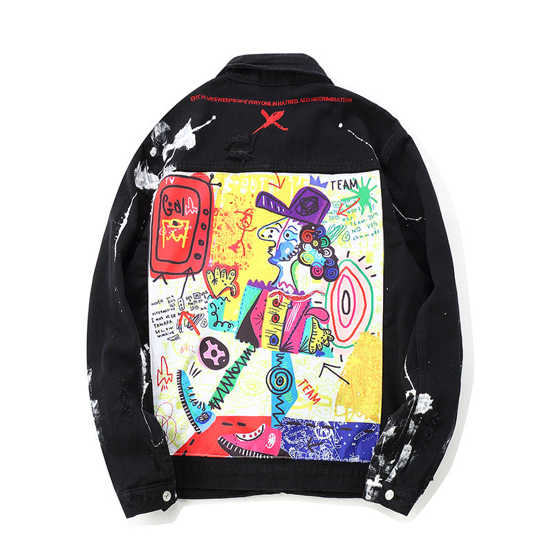 Denim Jacket Men Distressed  Jean Jacket with Graffiti hand painted