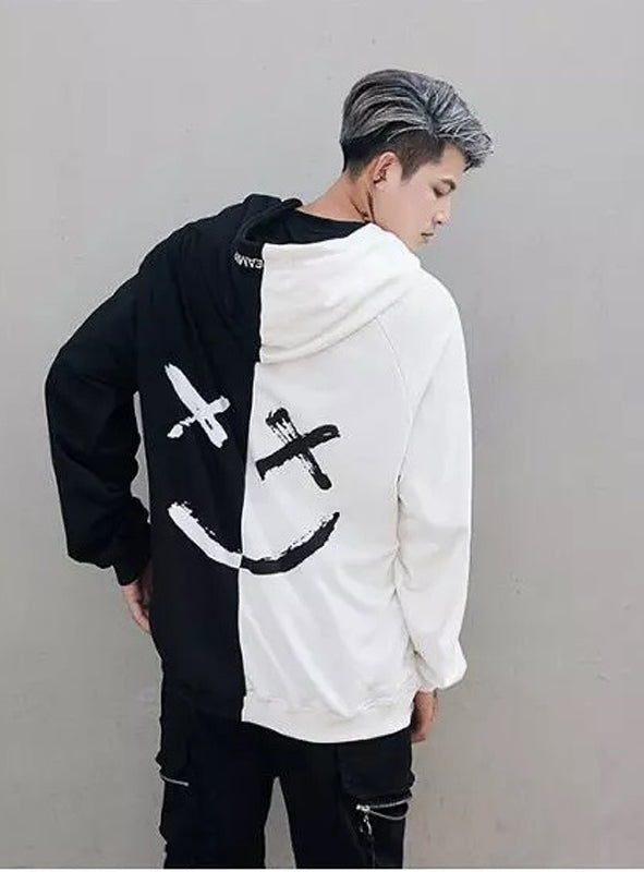 hip hop street custom smile print color stitching hoodie men's autumn clothes sports hoodie