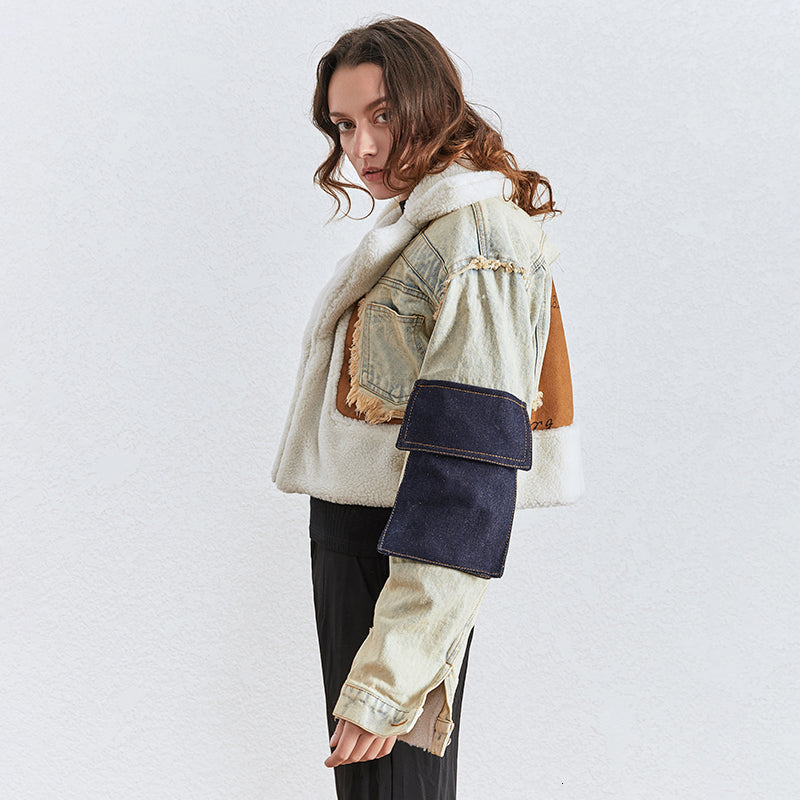 Autume Winter short Denim women jacket with flees - Street Wear  Handcrafted