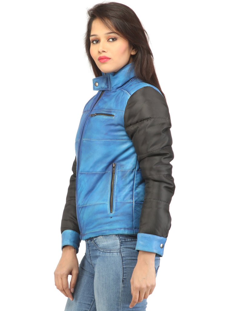 Women Hand Padded Best Seller Leather Puffer Jacket With Fabric Sleeve , Women Jacket - CrabRocks, LeatherfashionOnline
 - 2