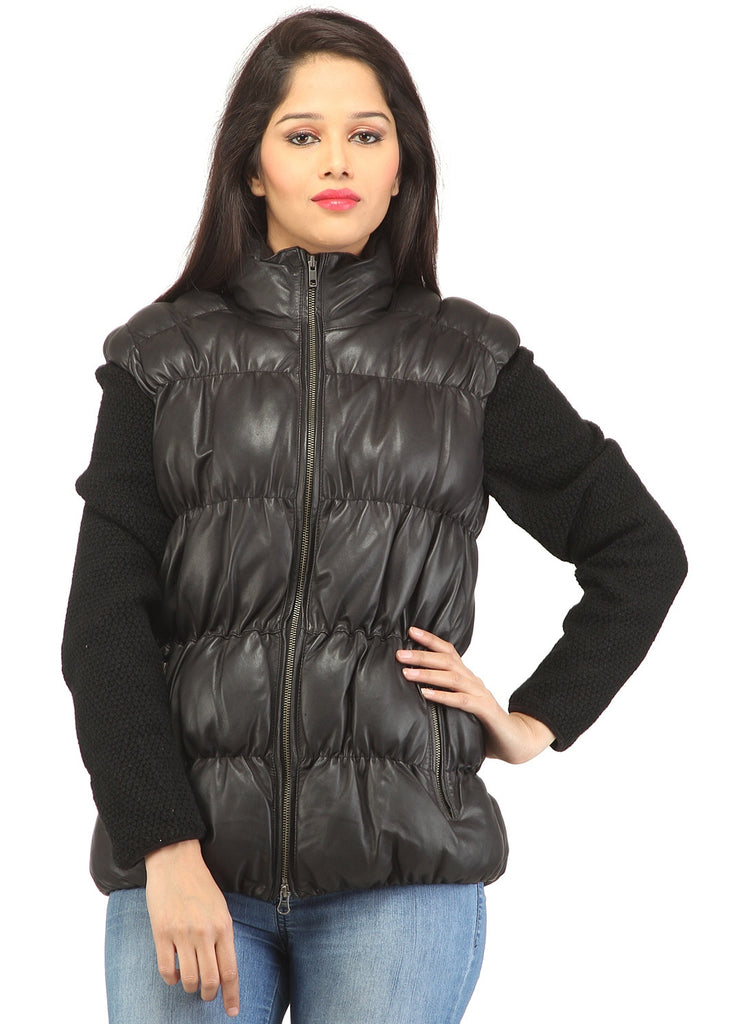 Designer Women Leather Puffer Down Jacket without Sleeve XS / LEATHER / Black, Women Jacket - CrabRocks, LeatherfashionOnline
 - 1