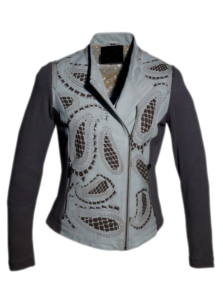 Women Leather Designer Paisley Cut Jacket in Front and back with Ribbed Sleeves , Women Jacket - CrabRocks, LeatherfashionOnline
 - 2