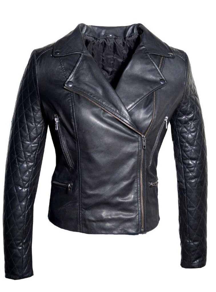 Women Leather Biker Jacket with Padded Sleeve Black / XS / LEATHER, Women Jacket - CrabRocks, LeatherfashionOnline
 - 1