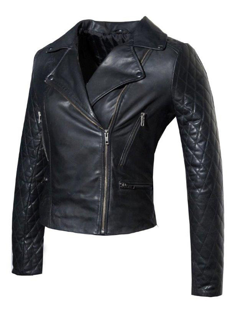 Women Leather Biker Jacket with Padded Sleeve , Women Jacket - CrabRocks, LeatherfashionOnline
 - 2