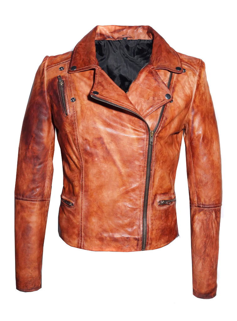Women Designer Vintage Hand Washed Biker Jacket , Women Jacket - CrabRocks, LeatherfashionOnline
 - 4