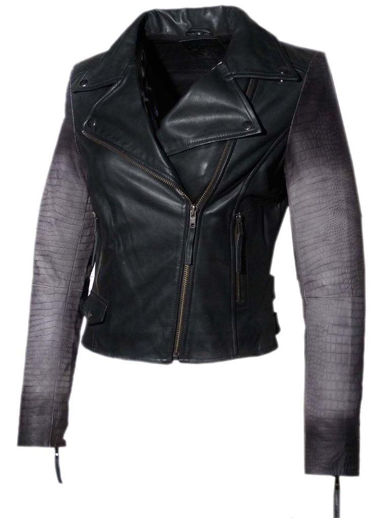 Women Ombre Croco Printed Leather Biker Jacket , Women Jacket - CrabRocks, LeatherfashionOnline
 - 4