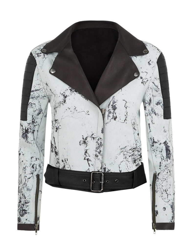 Women Marbled Leather MotorCycle Biker Jacket XS / LEATHER / Icy White, Women Jacket - CrabRocks, LeatherfashionOnline
 - 1