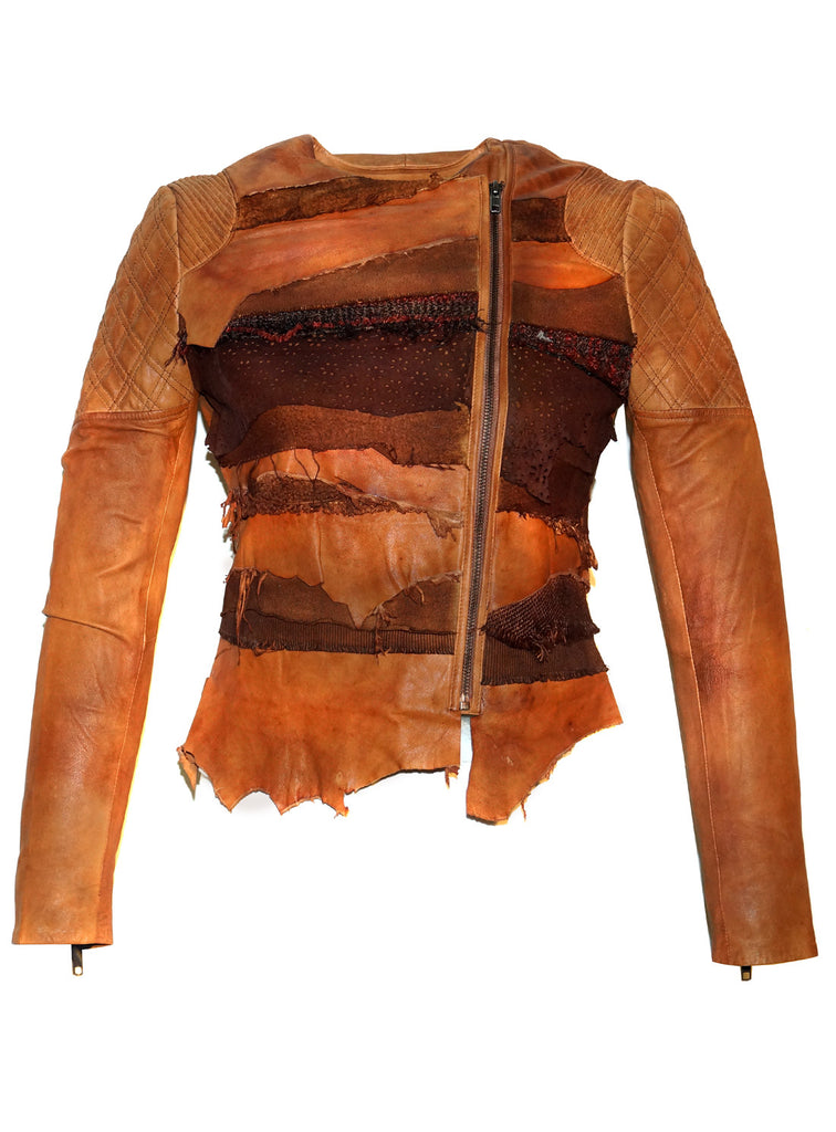 Women Lamb Leather Abstract Handcrafted Dip Dyed Biker Jacket XS / LEATHER / Dip Dyed Tan, Women Jacket - CrabRocks, LeatherfashionOnline
 - 1