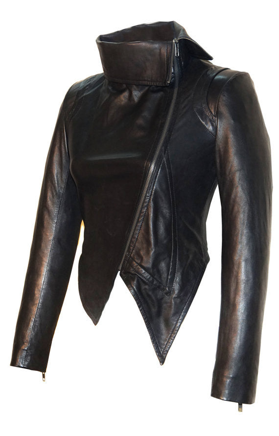 Designer Hand Made Women Leather Asymmetrical Soft Leather Jacket with High Neck Collars , Women Jacket - CrabRocks, LeatherfashionOnline
 - 2