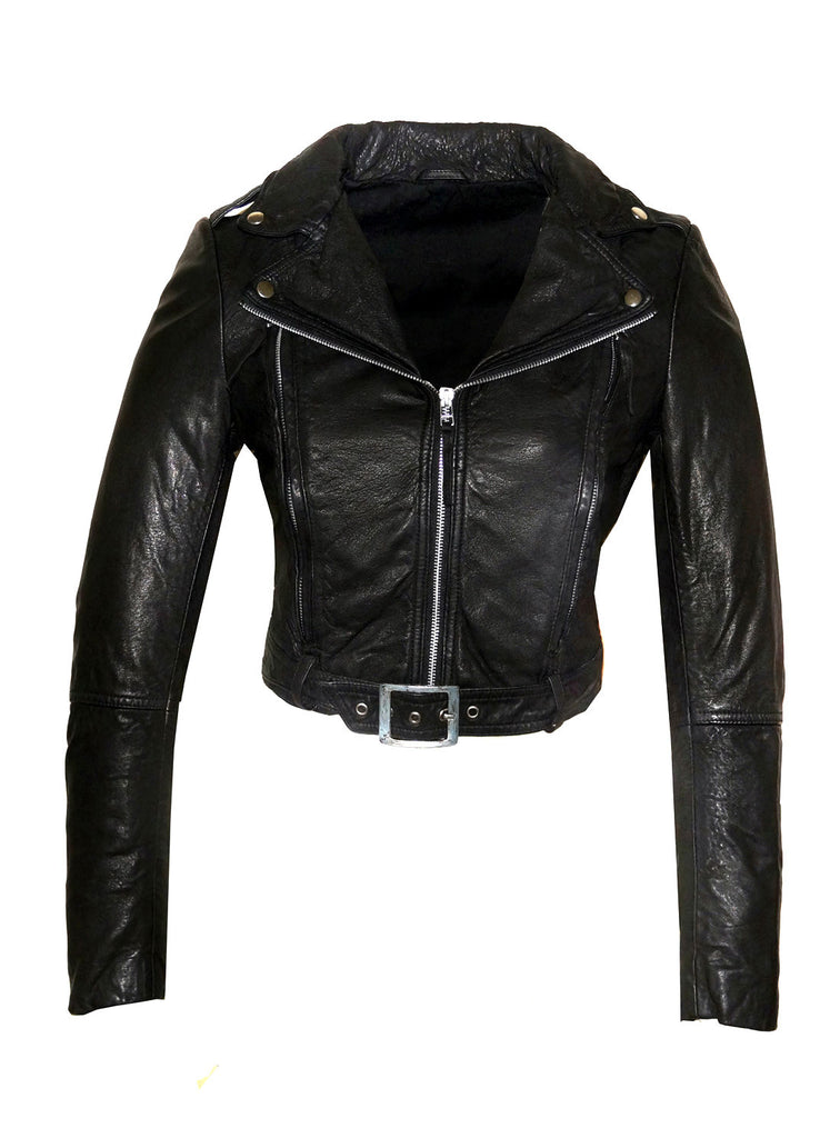 Women's Short Cropp Jacket with Bubbled Leather Washed Waxed effects