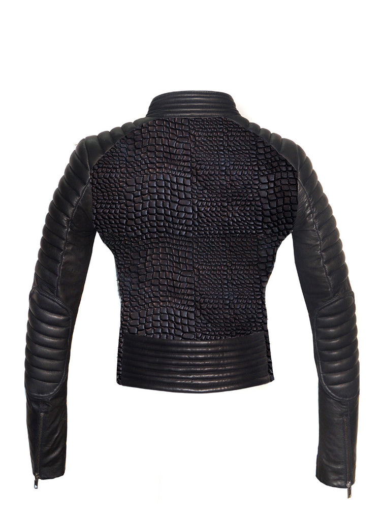CrabRocks Hand Crafted Leather Croco Lamb Quilted Motorcycle Biker Women Jacket with sleeve padded , Leather Jacket - Crabrocks, LeatherfashionOnline
 - 2