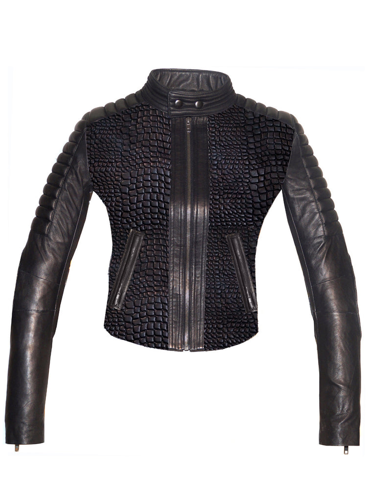 CrabRocks Hand Crafted Leather Croco Lamb Quilted Motorcycle Biker Women Jacket with sleeve padded XS / BLACK / LAMB LEATHER, Leather Jacket - Crabrocks, LeatherfashionOnline
 - 1