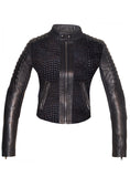 CrabRocks Hand Crafted Leather Croco Lamb Quilted Motorcycle Biker Women Jacket with sleeve padded XS / BLACK / LAMB LEATHER, Leather Jacket - Crabrocks, LeatherfashionOnline
 - 1