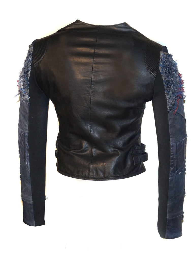 Women Lamb Leather Abstract Handcrafted Sleeve Dip Dyed Vintage Look Biker Jacket