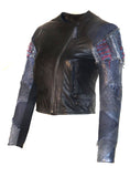 Women Lamb Leather Abstract Handcrafted Sleeve Dip Dyed Vintage Look Biker Jacket