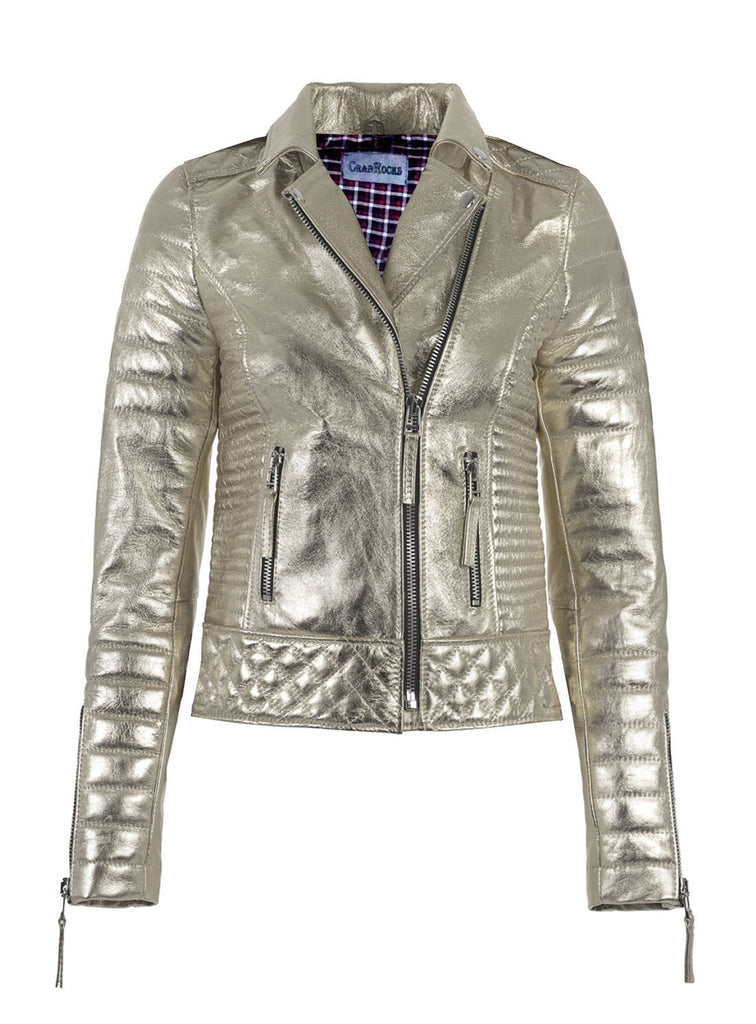 Women Designer Metallic Leather Motorcycle Biker Jacket