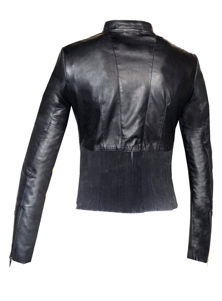 Women Abstract Beads Hand Embroidered Leather Jacket