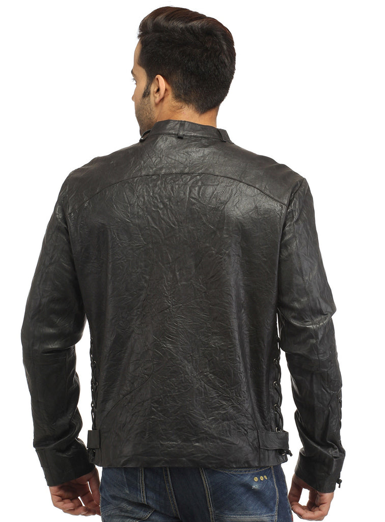 Men Vintage Crinkled Leather Biker Jacket with Dori Weave , Men Jacket - CrabRocks, LeatherfashionOnline
 - 5