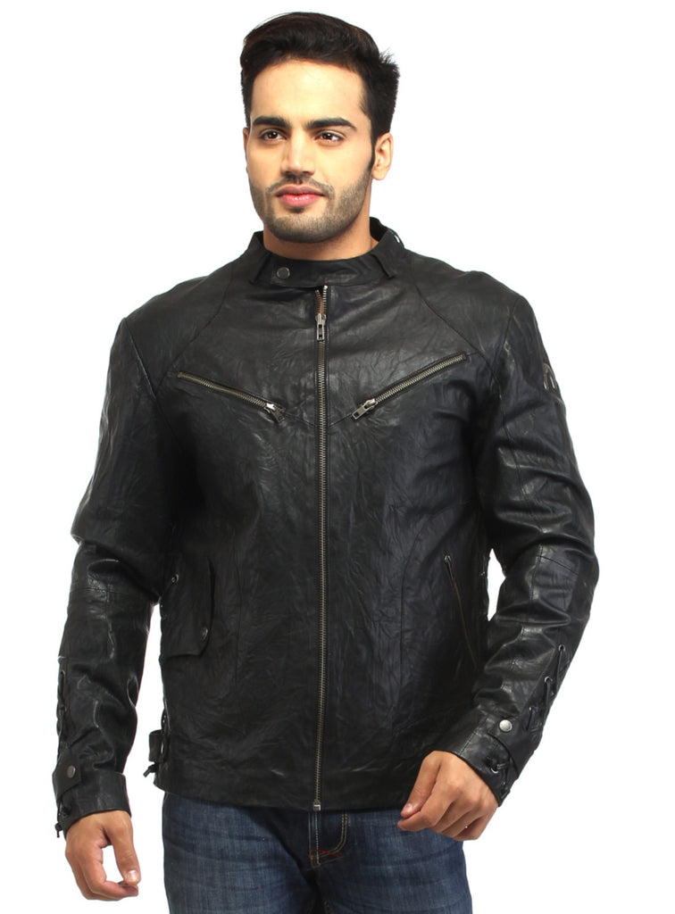Men Vintage Crinkled Leather Biker Jacket with Dori Weave S / Leather / Black, Men Jacket - CrabRocks, LeatherfashionOnline
 - 1