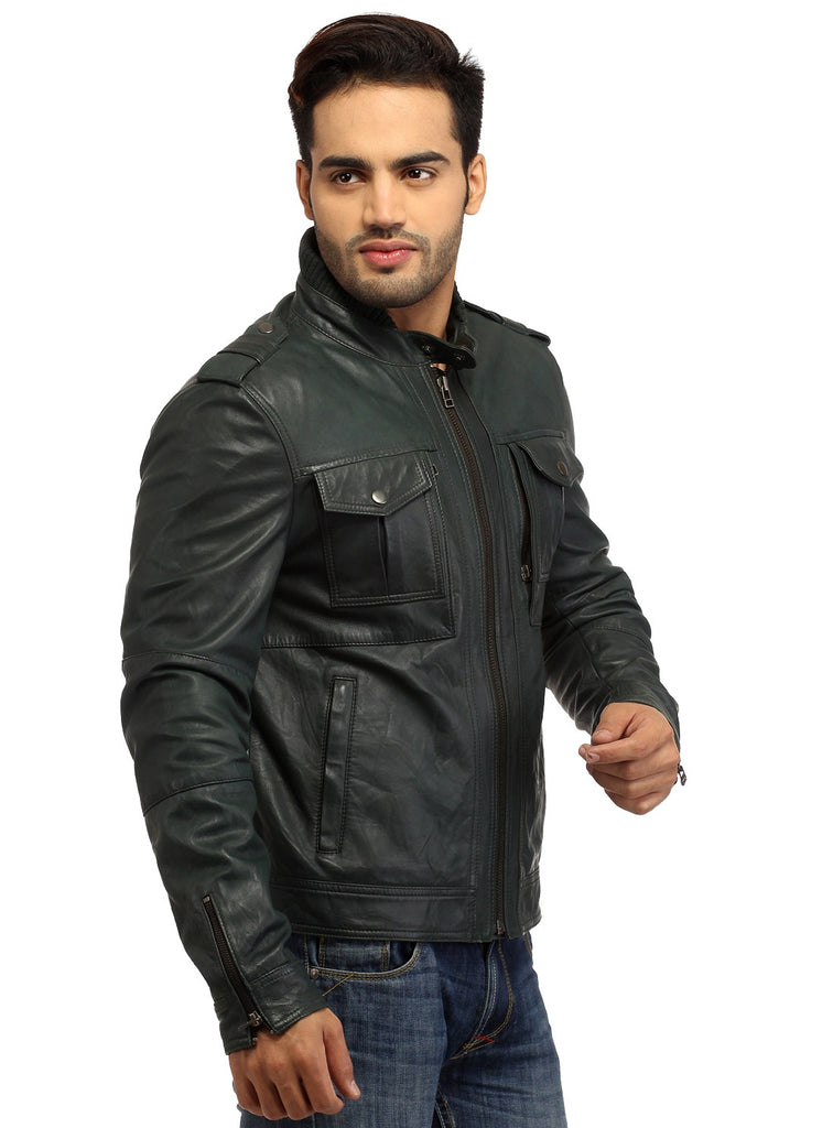 Men's Best Seller Short Leather Motorcycle Biker Jacket S / Leather / Ocean Grey, Men Jacket - CrabRocks, LeatherfashionOnline
 - 4