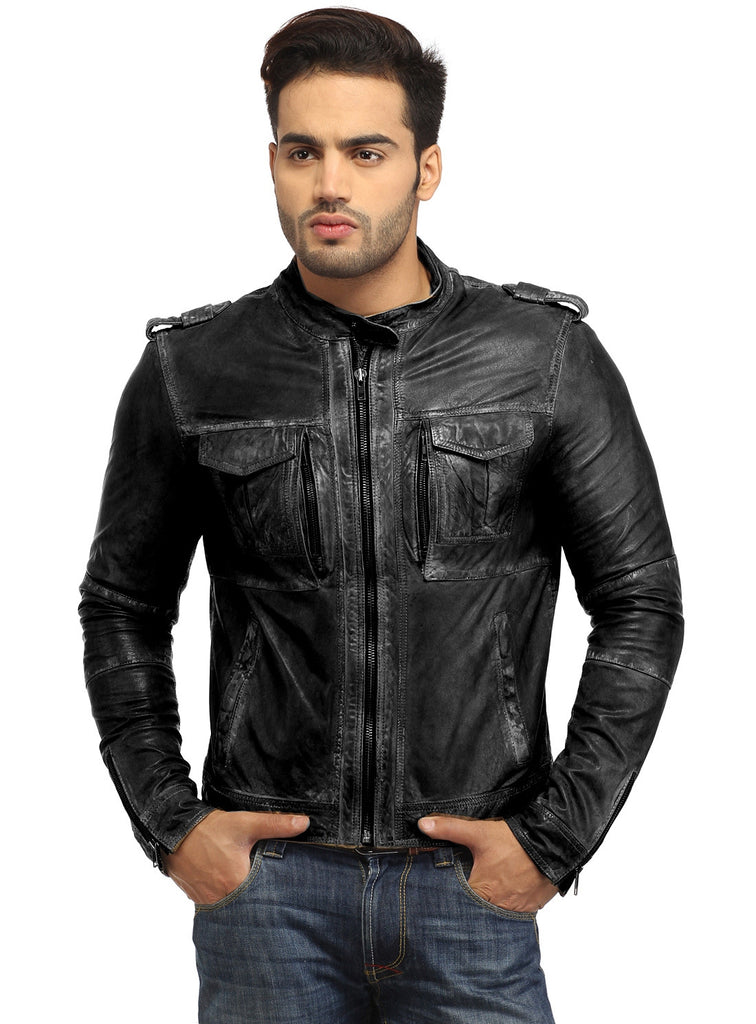 Men's Casual Abstract Batik Wash Short Leather Jacket S / Leather / Black, Men Jacket - CrabRocks, LeatherfashionOnline
 - 2