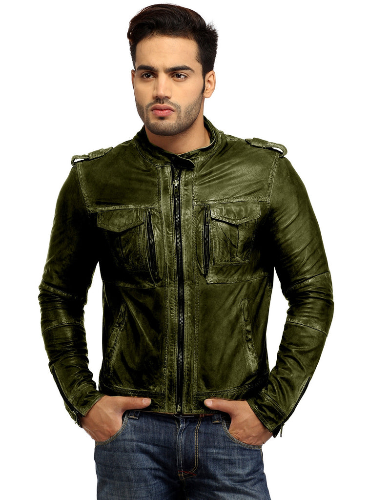 Men's Casual Abstract Batik Wash Short Leather Jacket S / Leather / Olive, Men Jacket - CrabRocks, LeatherfashionOnline
 - 3