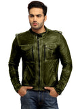 Men's Casual Abstract Batik Wash Short Leather Jacket S / Leather / Olive, Men Jacket - CrabRocks, LeatherfashionOnline
 - 3