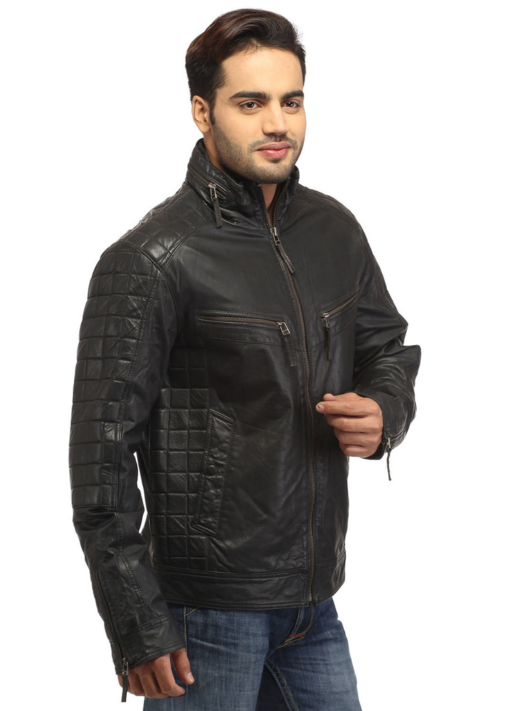 Sporty Boxy Quilted Casual  Men Leather Jacket , Men Jacket - CrabRocks, LeatherfashionOnline
 - 4