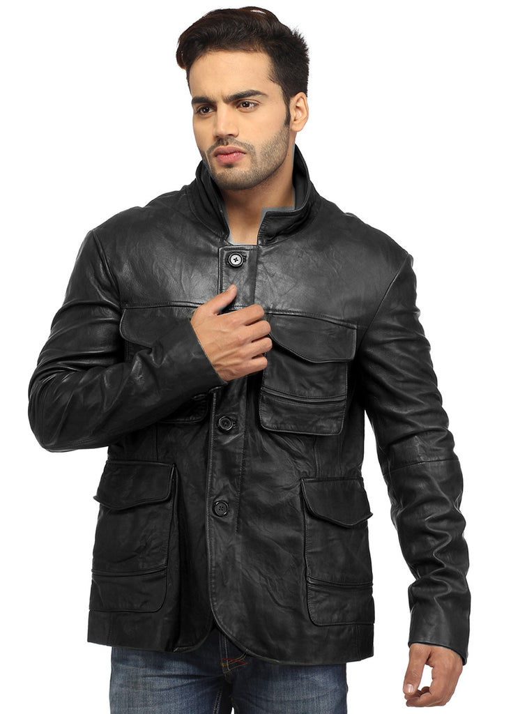 Mens Casual Patch Pockets Parker Leather Jacket S / Leather / Black, Men Jacket - CrabRocks, LeatherfashionOnline
 - 1