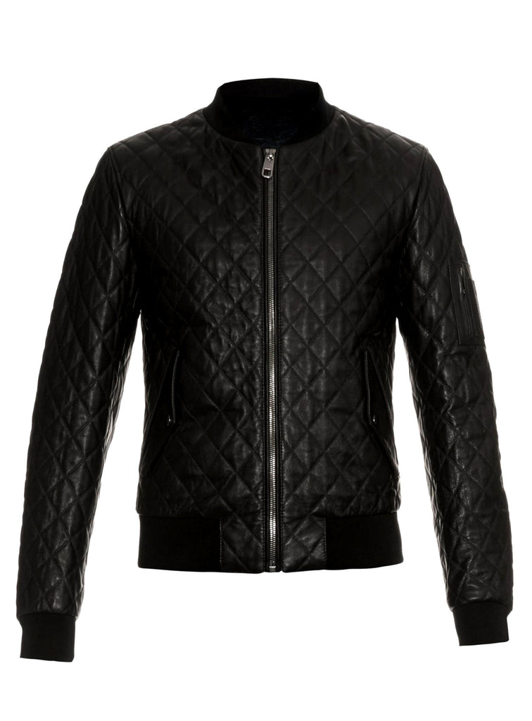 Men Leather Bomber Jacket with Designer Diamond Quilted