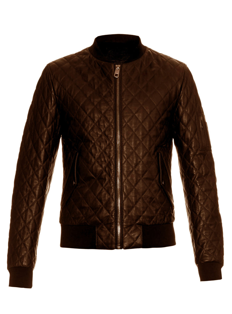Men Leather Bomber Jacket with Designer Diamond Quilted