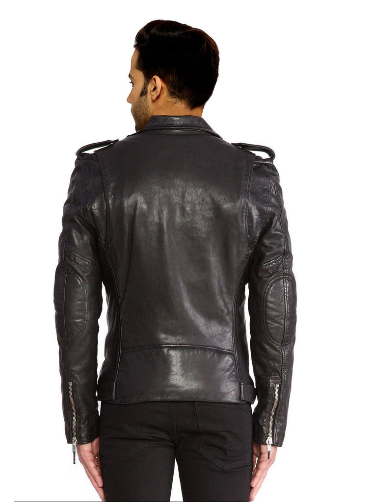 Men Washed Classic Motorcycle Biker Leather Jacket