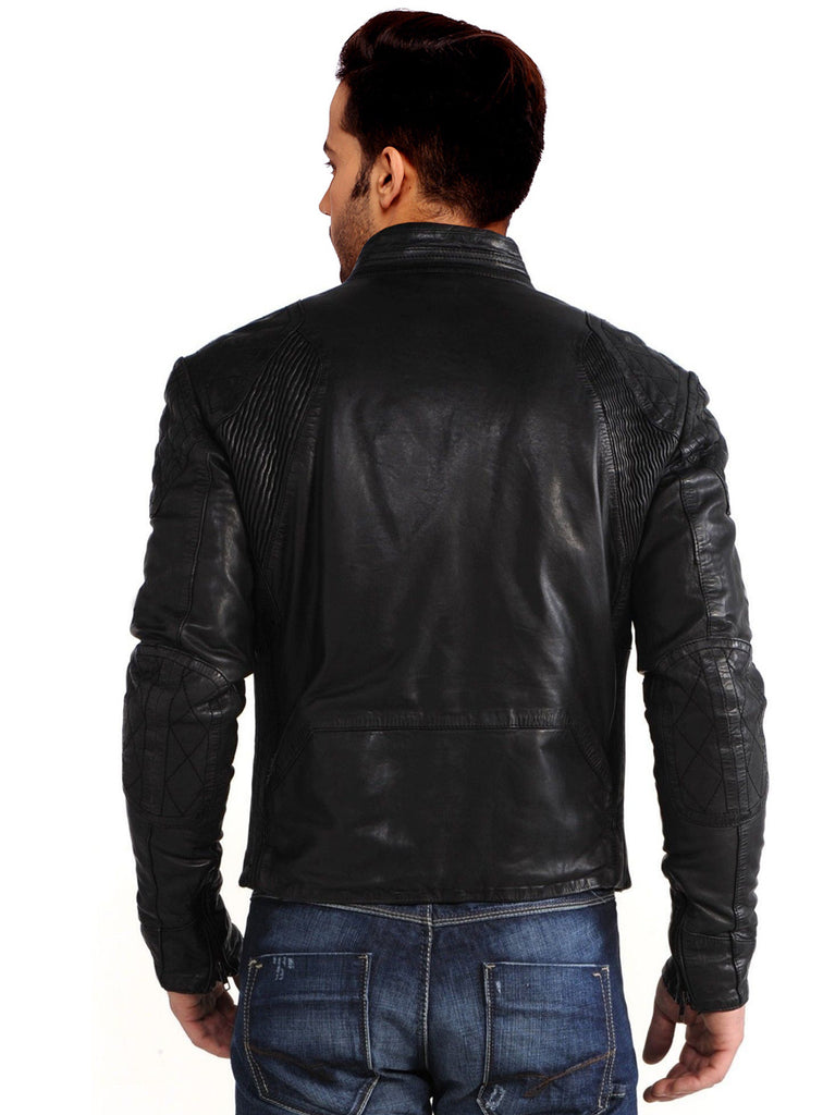 Men Vintage Motorcycle Leather Jacket Quilted Crowns