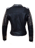 CrabRocks Leather Multi Studded Motorcycle Biker Woman Jacket with Buckle Belt , Women Jacket - CrabRocks, LeatherfashionOnline
 - 3