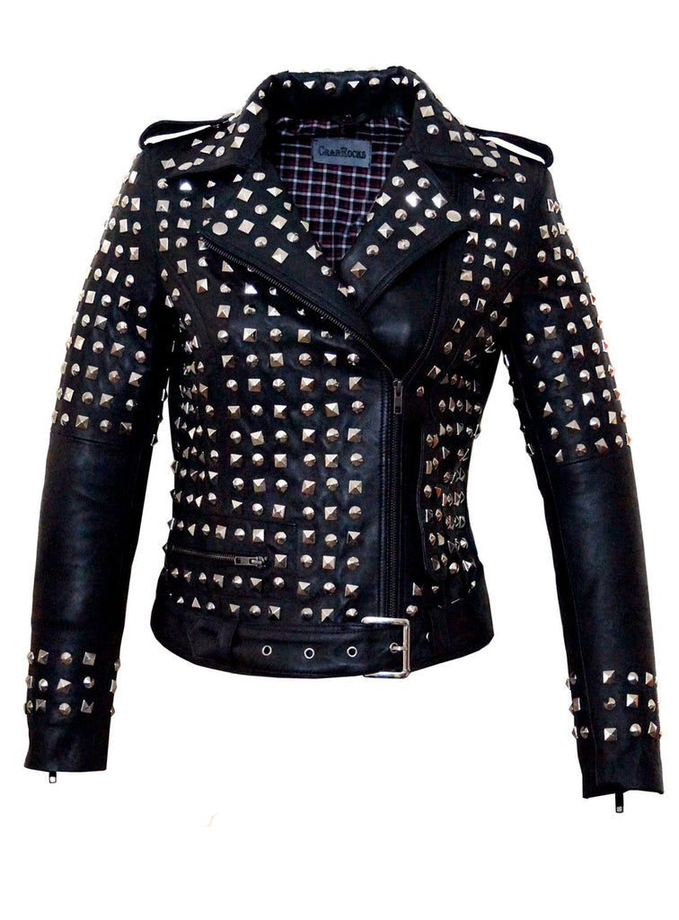 CrabRocks Leather Multi Studded Motorcycle Biker Woman Jacket with Buckle Belt Black / XS / LEATHER, Women Jacket - CrabRocks, LeatherfashionOnline
 - 1