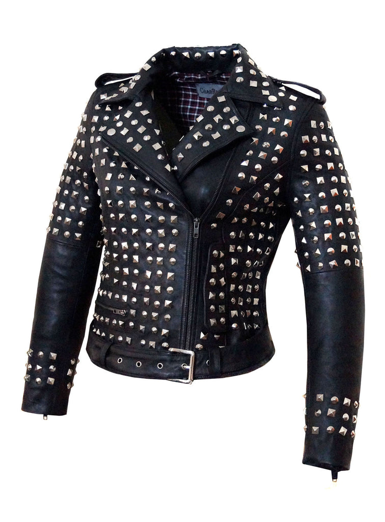 CrabRocks Leather Multi Studded Motorcycle Biker Woman Jacket with Buckle Belt , Women Jacket - CrabRocks, LeatherfashionOnline
 - 2