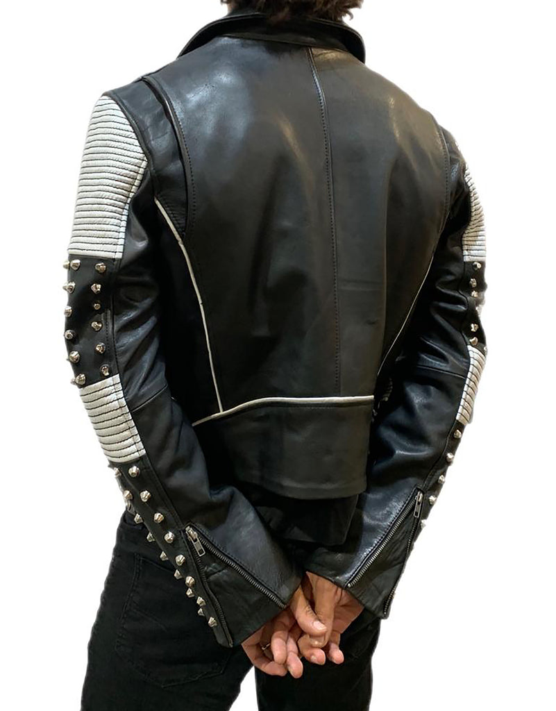 Vannamoda White Black Studded Men Motorcycle Biker Leather Jacket