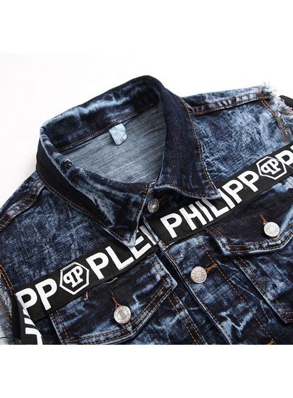 Top Sale Men Sleeveless Embroider Cotton Denim Jacket Punk Gothic