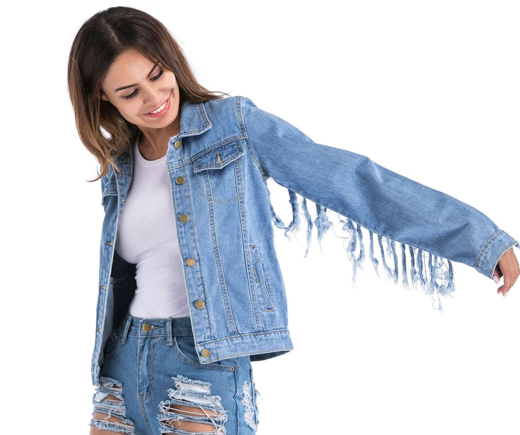 Spring And Summer  Street Fashion Women Fringes Design Blue Denim Jacket/Shirt Jacket