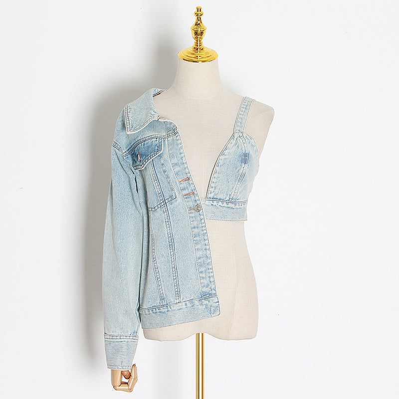 CASUAL IRREGULAR DENIM JACKETS FOR FEMALE LAPEL COLLAR LONG SLEEVE TUNIC SLIM ASYMMETRICAL