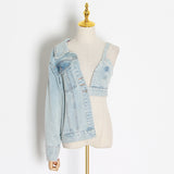 CASUAL IRREGULAR DENIM JACKETS FOR FEMALE LAPEL COLLAR LONG SLEEVE TUNIC SLIM ASYMMETRICAL